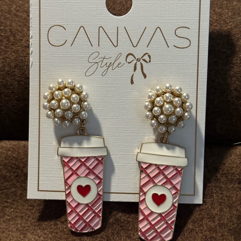 Canvas Style Pink Coffee Cup Earrings